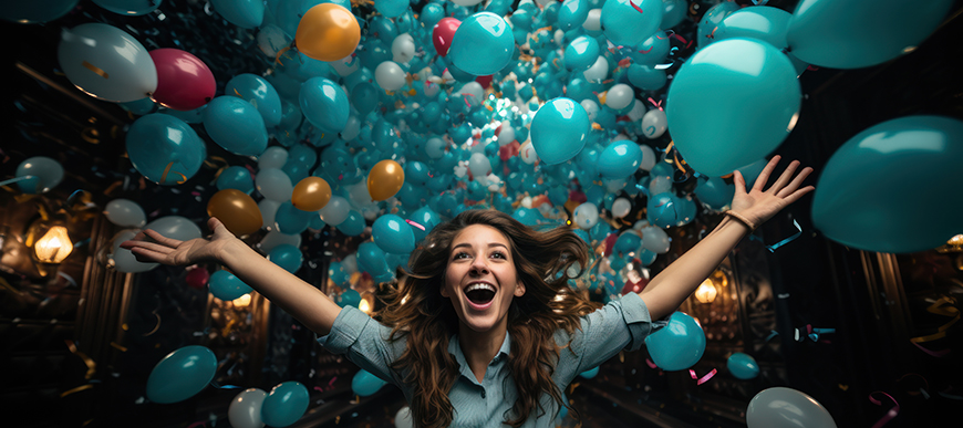 Excited Woman with Falling Balloons Around